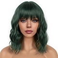 Dark green shoulder length wavy wig with blunt bangs shown on model for cosplay style - Dark Green