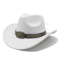 Chapeau de cow-boy blanc en feutre avec bande en cuir brun et ornement tête de taureau - M (56-59cm) / Blanc