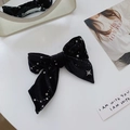 Black bow hair clip with white stars and corduroy texture for Halloween cosplay - Black Star Knotted Hair Clip
