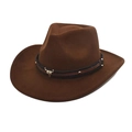 Detail of western fedora with bull head metal ornament and studded leather band - M (56-58cm) / Coffee