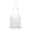 White multi-layer pleated lace tote bag with tiered fringe and thin shoulder straps - White