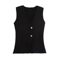 Close-up of black V-neck knit vest featuring two decorative gold metal buttons and slim cut - S / Black Top