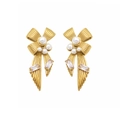 Detail of gold bow earrings with white pearls and rectangular cubic zirconia accents - Bowknot with Pearl / Gold with White Zirconia