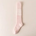 Fuzzy pink over-the-knee socks with white stripes made of warm coral fleece - One Size / Pink