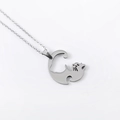 Silver stainless steel hugging cat puzzle necklace pendant with delicate link chain - Steel Round Cat
