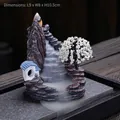 Resin backflow incense burner with white flowers and blue cottage, 9x8x10.5cm size - Traditional Landscape (White Tree)