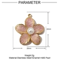 Detailed view of pink enamel flower pendant with pearl and 22mm x 20mm dimensions - YE739-3-Pink Pearl Flower