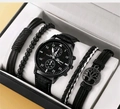 Men's gift set with black quartz watch and four assorted black beaded woven bracelets - Tree of Life Black Set S01748 (Watch And Bracelets)