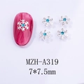 Vue macro de bijoux d'ongles flocons argentés de 7x7,5mm avec strass bleus et dimensions - Forme de Flocon de Neige (A319)