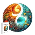 Irregular wooden puzzle S size with yin yang flame and wave art and original white box - F19 Tai Chi - Size S