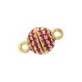Macro shot of a golden spherical magnetic clasp with red crystals and double loops - 6mm Gold Rose Red Zirconia