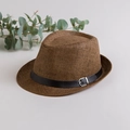 Brown woven straw fedora hat with a black leather band and silver metal buckle - Kids Style (52-54cm) / Coffee