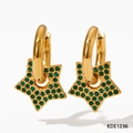 Star hoop earrings with gold plating and paved green rhinestones in a symmetric view - Gold Base Green Rhinestone Style (KDE1236)