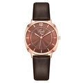 Women's quartz watch with brown leather strap and rose gold case on white background - Coffee