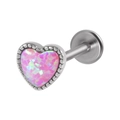 Silver stainless steel lip stud featuring a heart-shaped pink opal with rainbow flash - OP42 (Pink Iridescent)