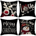 Set of 4 Christmas pillow covers with reindeer and snowman on black cotton linen - Exquisite Christmas Black Background Set