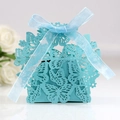 Laser cut light blue wedding favor box with butterfly pattern and matching ribbon bow - Tiffany Blue