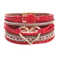 Multilayer red PU leather bohemian bracelet with golden heart buckle and sparkling rhinestones - Bohemian Red Heart Rhinestone