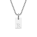 Silver square pendant necklace with engraved letter R on a stainless steel box chain - Letter R / Silver