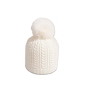 Close-up of white cable knit beanie texture with a fluffy pom-pom decoration - White
