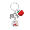 Silver teacher gift keychain with red apple, tree, owl charms and heart quote tag - CYPYS011 Keychain Silver