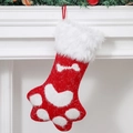 Christmas stocking with red knit paw print design and white faux fur trim for pets - Red Paw Stocking