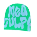 Berretto in maglia verde e blu con scritta Mea Culpa jacquard per l'inverno - Verde Fluorescente Bianco