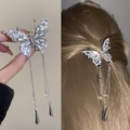 Pince à cheveux papillon argentée avec strass et franges à longues chaînes - Pince Papillon Strass avec Gland (13#) / Argent