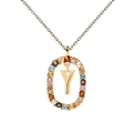 Gold pendant necklace with letter Y surrounded by colorful zircons in oval setting - Letter Y