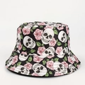 Omkeerbare vissershoed met schedel en roze rozenprint op zwart canvas materiaal - M (56-58cm) / Zwarte Schedel met Roze Roos