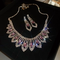 Vintage style jewelry set with magenta gems and clear crystals in a black box - Silver-Purple Gemstone 2Pcs Set (Necklace + Earrings)