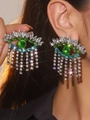 Exaggerated eye-shaped drop earrings with green center stone and sparkling diamond tassels - Eye-shaped Tassel (RJE015PL-G) / Multicolor/Green Core
