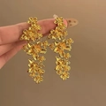 Vintage gold layered flower tassel drop earrings with matte textured petals - 925 Sterling Silver Earring Post Style (45#)