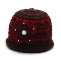 Winter knit hat for elderly women in wine red with knitted flower and pearl detail - One Size / Coffee