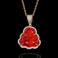 Hip hop Maitreya Buddha necklace with red stone and gold plated zircon pendant - Gold Red Stone / 18 Inch 3mm Rope Chain