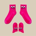 Magenta pink cotton athletic socks with cartoon smile face pattern for daily sports - Rose Red (Expression 02)