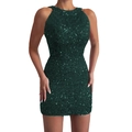 Deep green sequin halter mini dress with crystal fringe and shimmering bodycon fit - Dark Green
