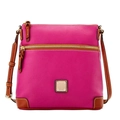Magenta cross-body bag with pebble texture, brown leather trim and gold-tone hardware - Rose Madder