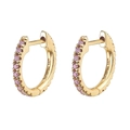 Close-up of 14K gold huggie earrings featuring a row of pink zircons with inner engraving - Gold Pink Stone