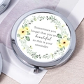 Silver folding compact mirror with floral wreath and motivational quote engraving - Yellow Daisy Message