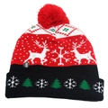 Colorful LED Christmas knit beanie featuring reindeer patterns and red pompom detail - One Size / Red Reindeer (LED)