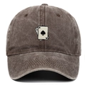 Detailed embroidery of A and J playing cards on a coffee brown washed cotton baseball cap - Adjustable / Coffee
