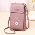 Mauve vertical phone crossbody bag featuring floral daisy embroidery and an adjustable strap. - Light Purple