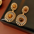 Detail of vintage gold sunburst drop earrings with brown tiger eye stone on black leather - Silver Earring Post-Gold-Coffee