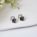 Elegant black and gold geometric square stud earrings with crystal inlay and floral design - E4559-2-Black Gold Geometric Pave Studs