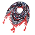 Bohemian ethnic style scarf with floral patterns and red tassel edges on white background - 115*115cm / Red Fringe Retro Print (No.51)