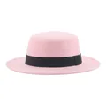 Detailed view of pink wool felt boater hat with a black ribbon band for children - S / Pink
