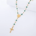 Detail van gouden rozenkrans ketting met groene evil eye kralen en kruis hanger - Kruis / Groene Ogen
