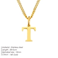 Gold plated stainless steel necklace with initial T pendant for women, 38+5cm chain - Letter Style(T) (CDNP014) / Gold
