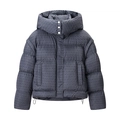 Women's dark grey hooded puffer jacket featuring geometric patterns and metal snap buttons - S / Aqua